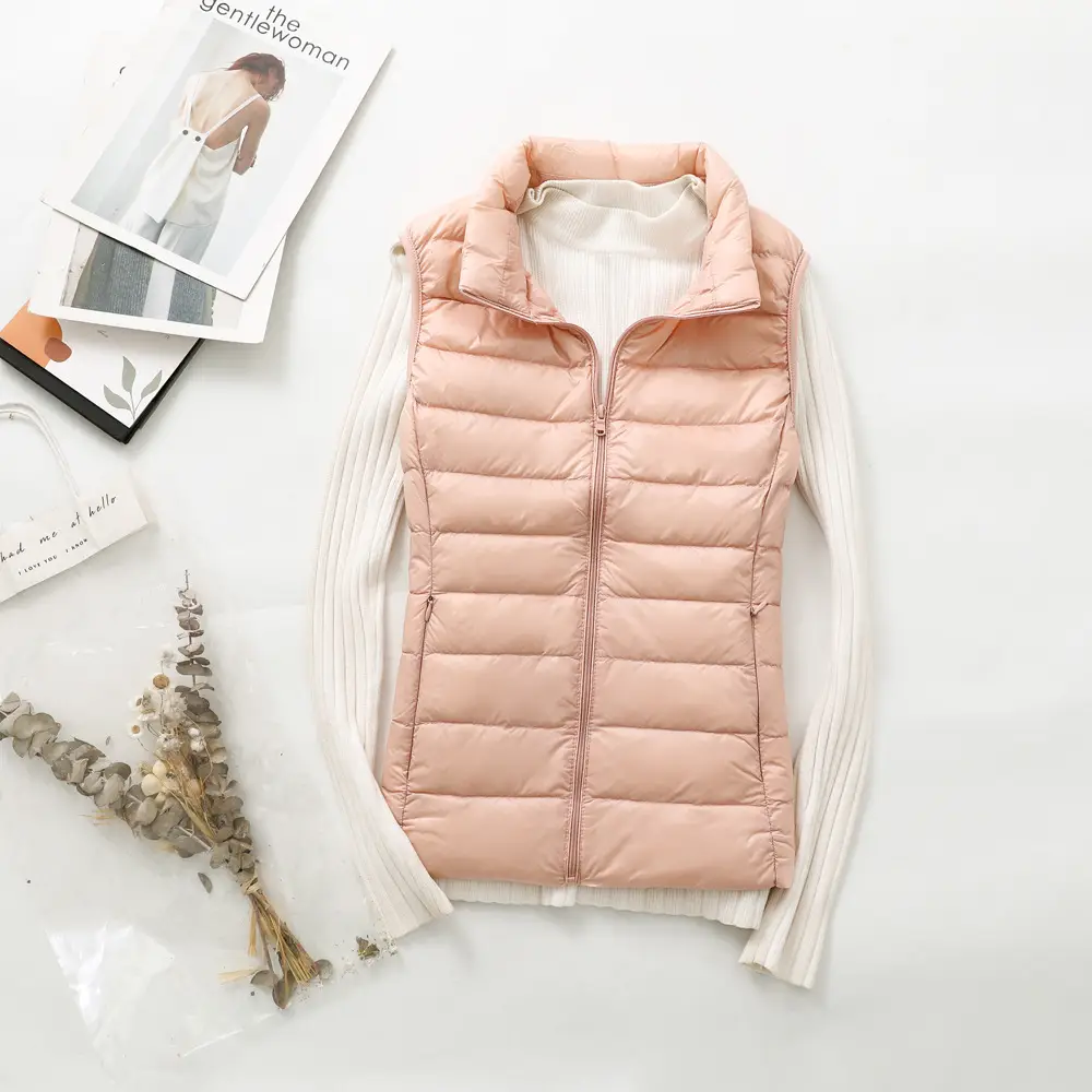 Women's Red Down Vest Korean Style Stand Collar Short Slim Vest - Image 15