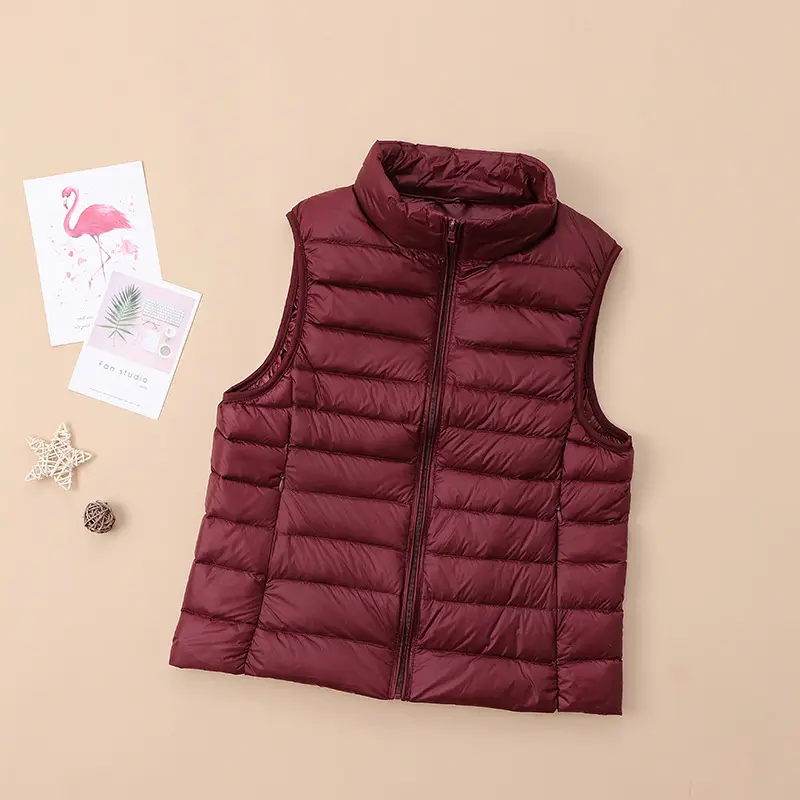 Women's Red Down Vest Korean Style Stand Collar Short Slim Vest - Image 3