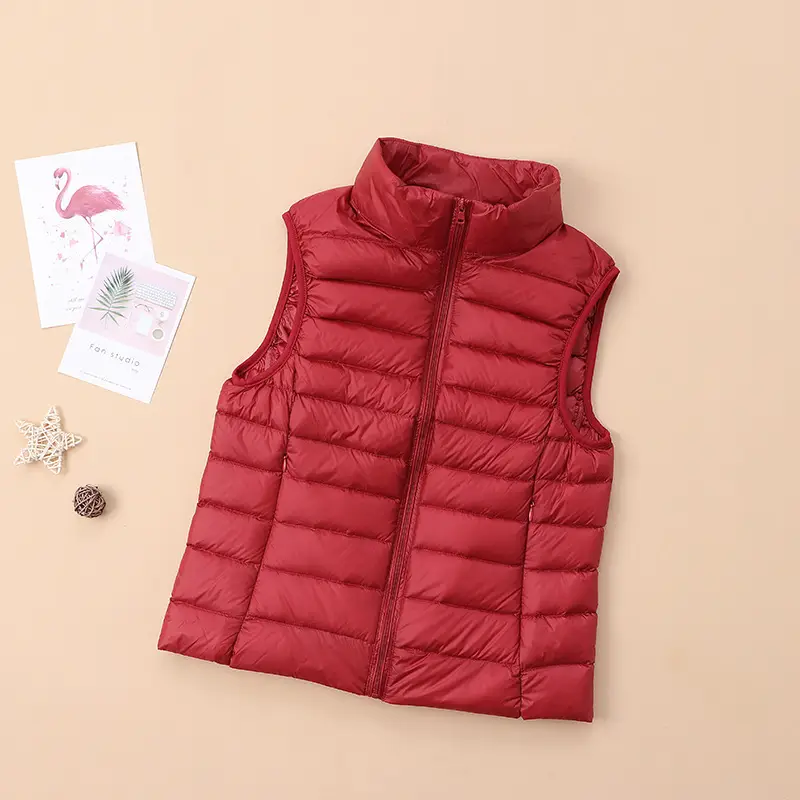 Women's Red Down Vest Korean Style Stand Collar Short Slim Vest - Image 7