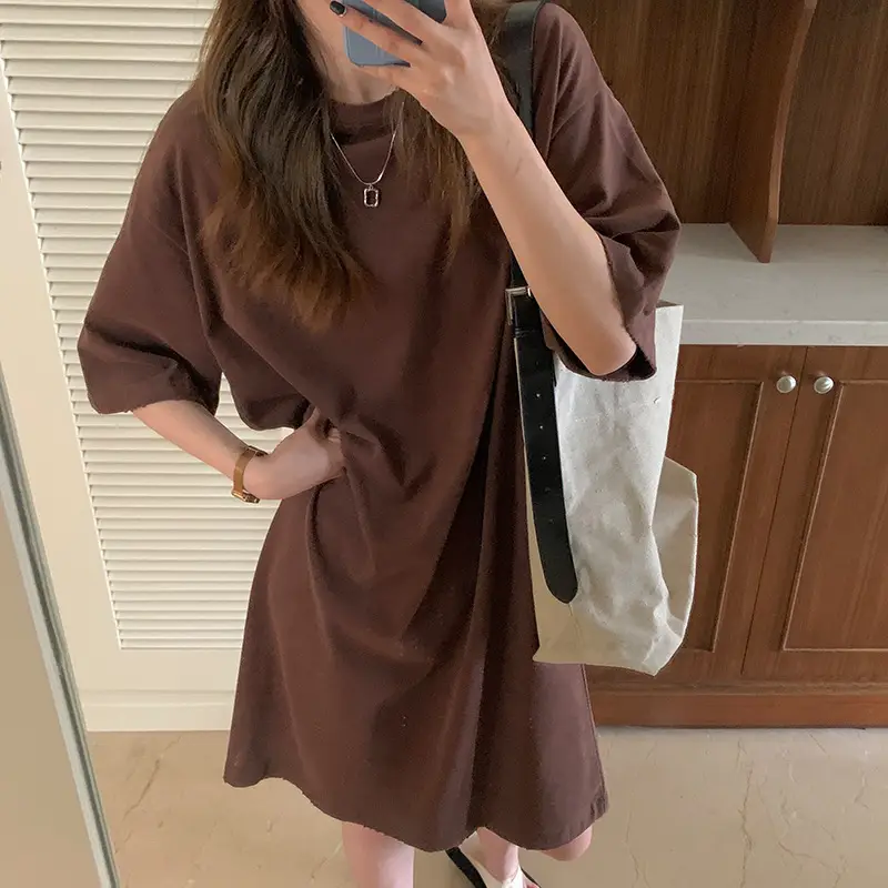 100 Cotton Shoulder Bag Dress Women's Brown Loose Fit - Image 6