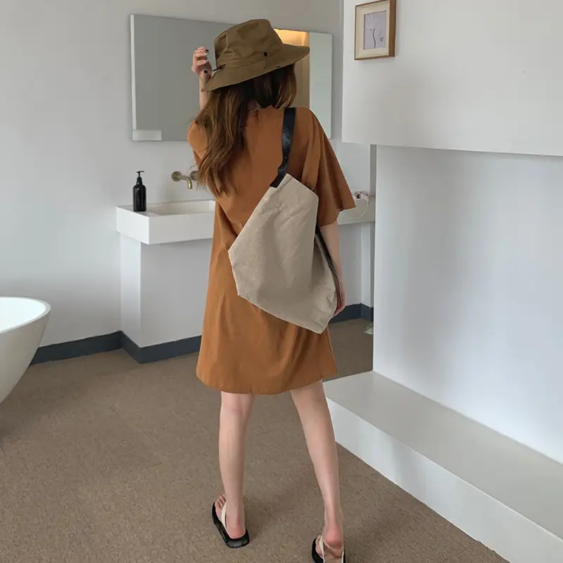 100 Cotton Shoulder Bag Dress Women's Brown Loose Fit - Image 7