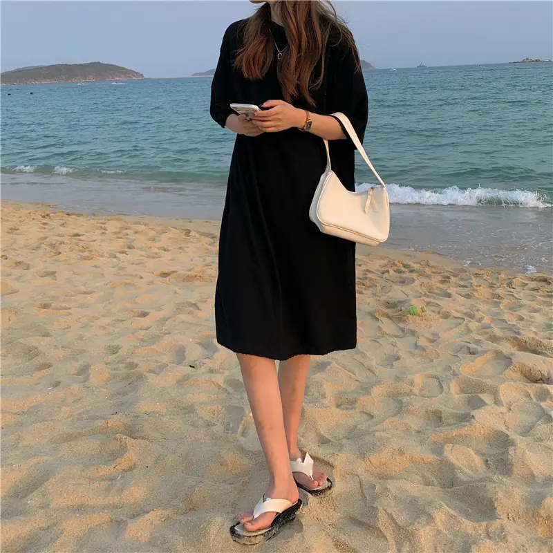 100 Cotton Shoulder Bag Dress Women's Brown Loose Fit — feature 11