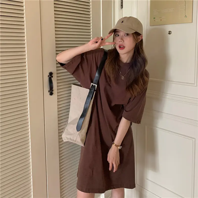 100 Cotton Shoulder Bag Dress Women's Brown Loose Fit — feature 17