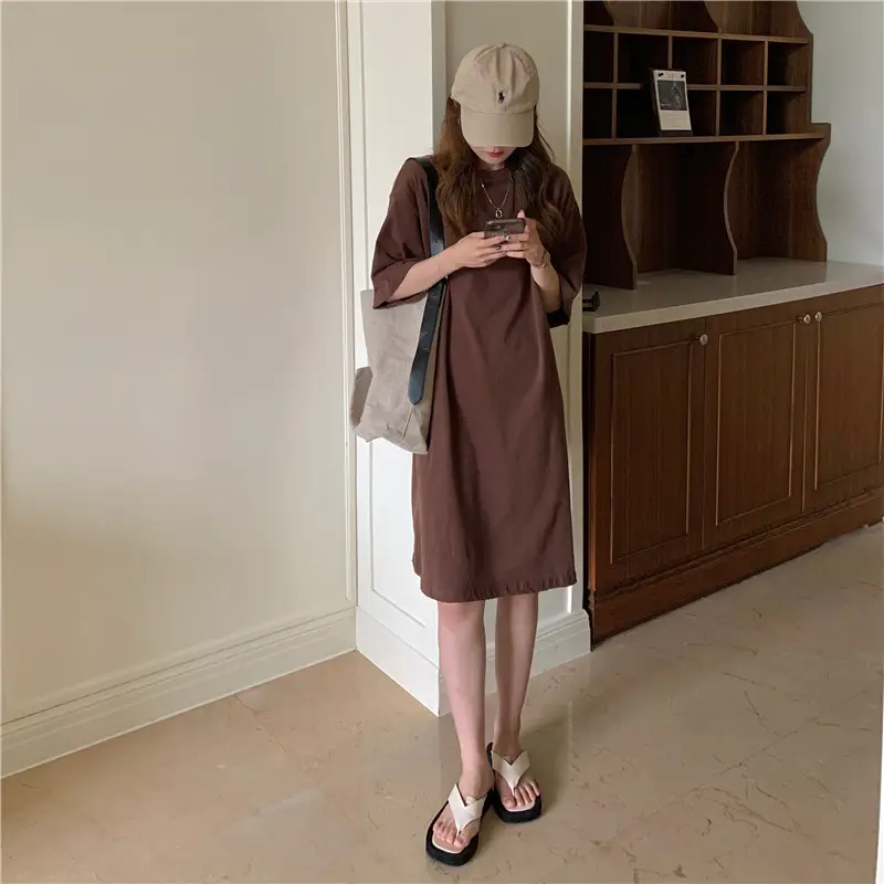 100 Cotton Shoulder Bag Dress Women's Brown Loose Fit — feature 19