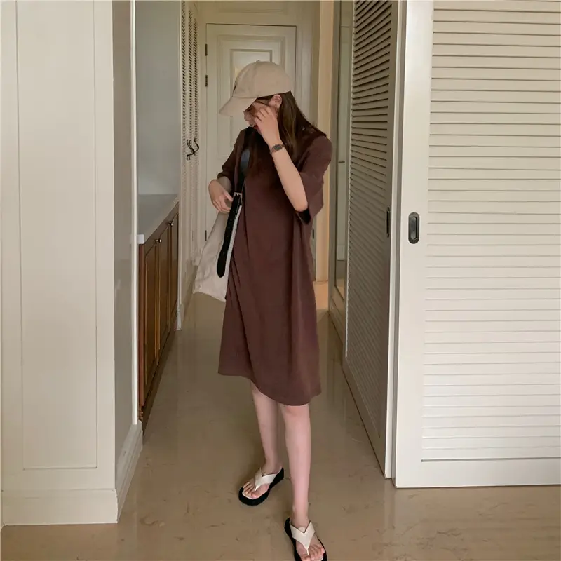 100 Cotton Shoulder Bag Dress Women's Brown Loose Fit — feature 21