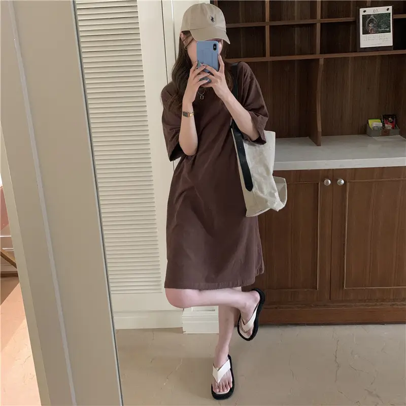 100 Cotton Shoulder Bag Dress Women's Brown Loose Fit — feature 22