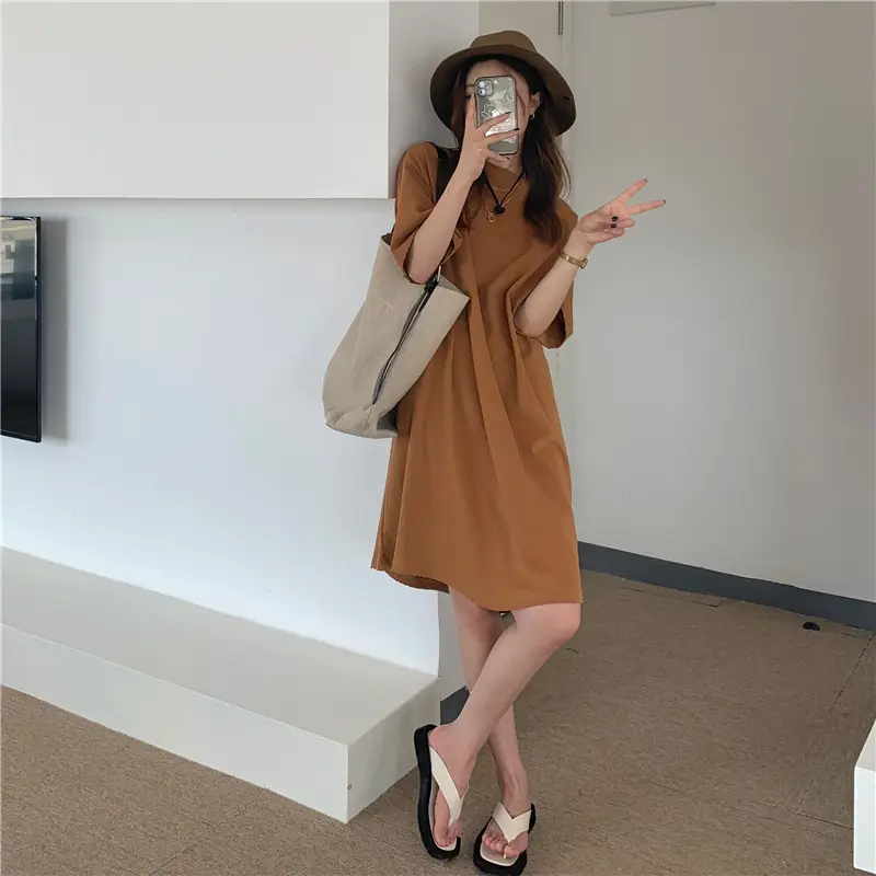 100 Cotton Shoulder Bag Dress Women's Brown Loose Fit — feature 26
