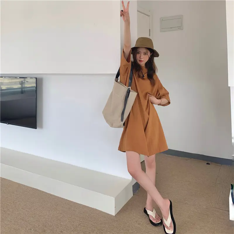100 Cotton Shoulder Bag Dress Women's Brown Loose Fit — feature 27