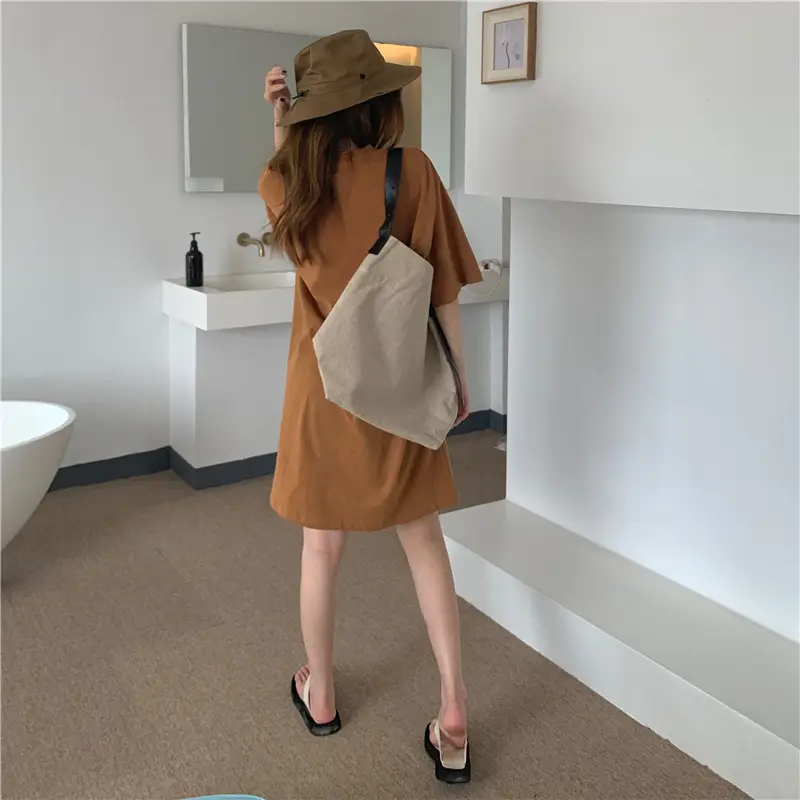 100 Cotton Shoulder Bag Dress Women's Brown Loose Fit — feature 29