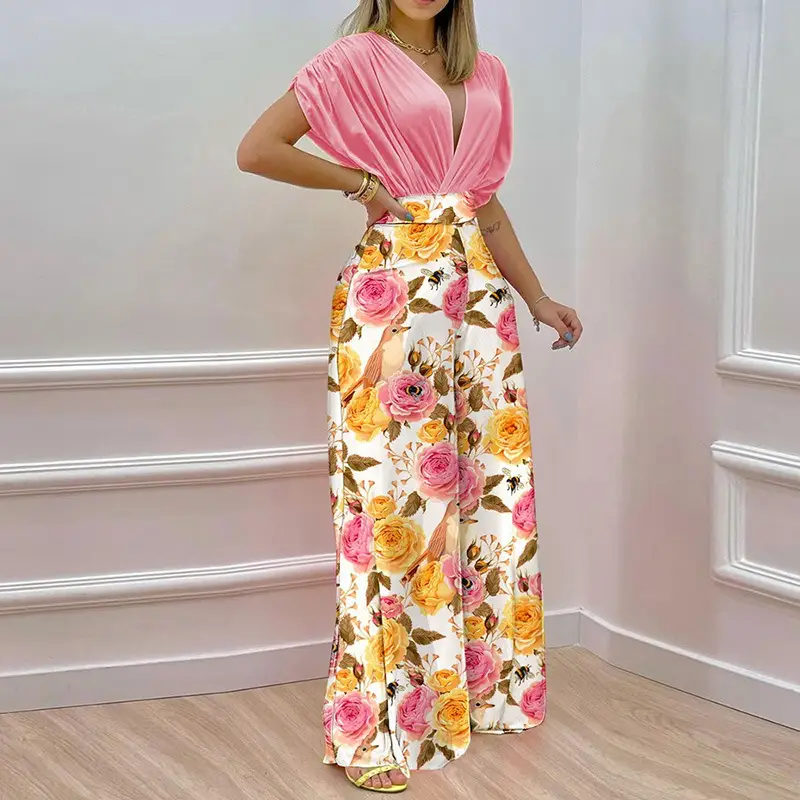 Women V-Neck Printed Wide-Leg Pants Orange Pink Floral 2026 - Image 4