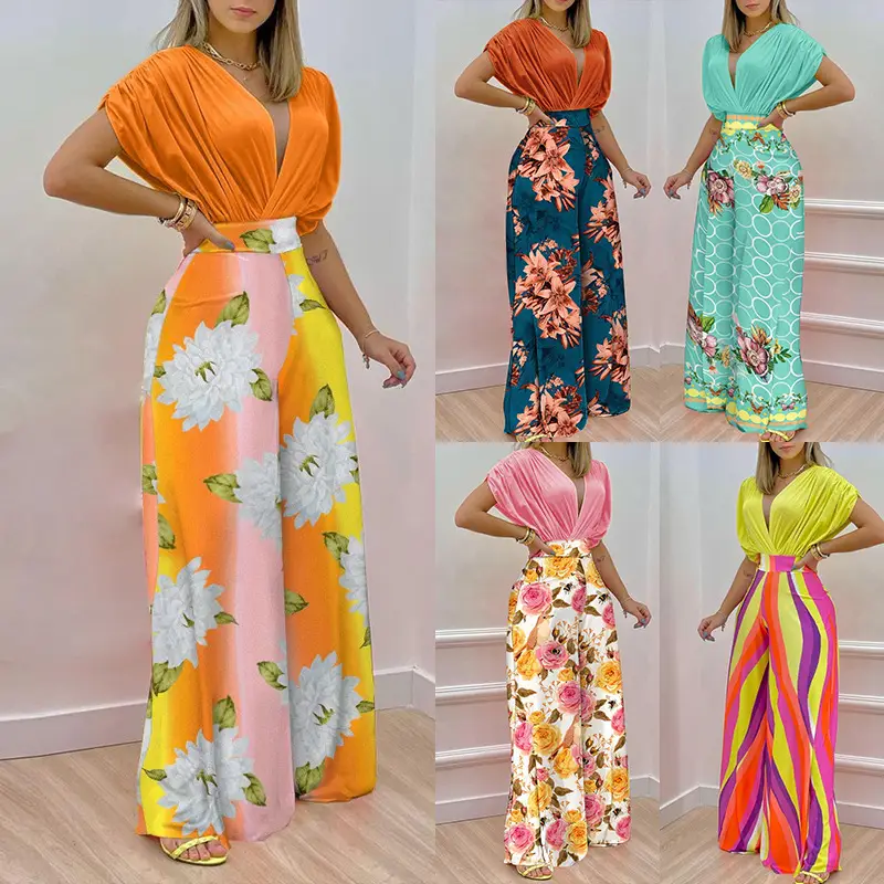 Women V-Neck Printed Wide-Leg Pants Orange Pink Floral 2026 - Image 6