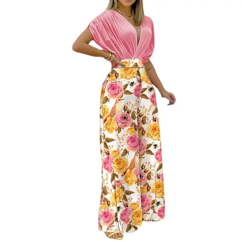 Women V-Neck Printed Wide-Leg Pants Orange Pink Floral 2026 - Image 7