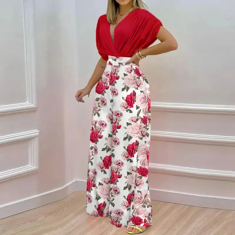 Women V-Neck Printed Wide-Leg Pants Orange Pink Floral 2026 — feature 10