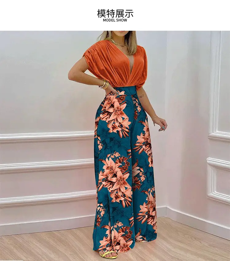 Women V-Neck Printed Wide-Leg Pants Orange Pink Floral 2026 — feature 4