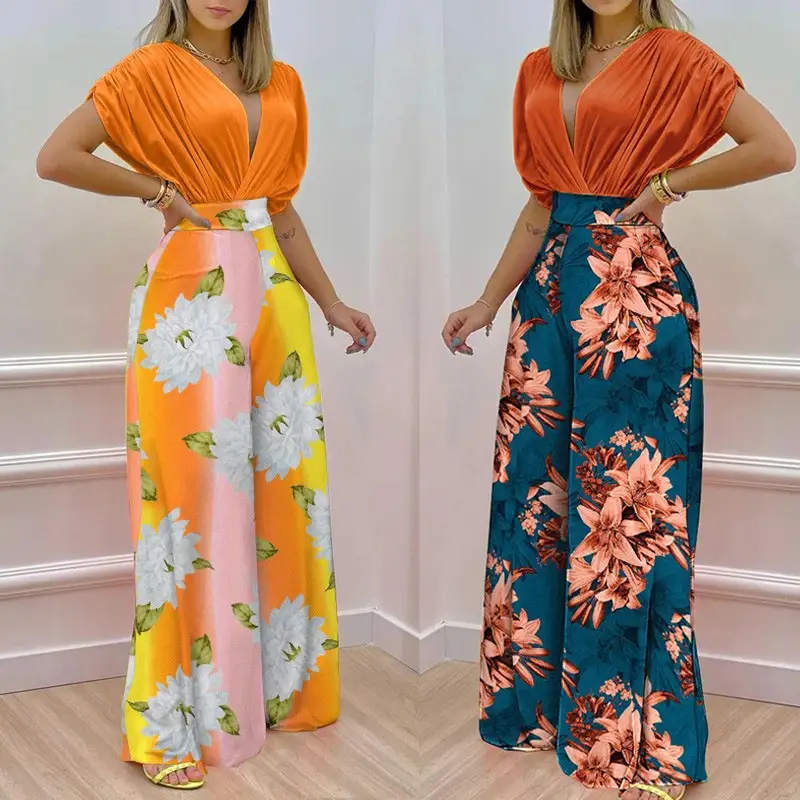 Women V-Neck Printed Wide-Leg Pants Orange Pink Floral 2026 — feature 5