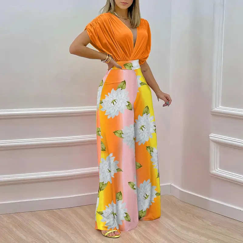 Women V-Neck Printed Wide-Leg Pants Orange Pink Floral 2026 — feature 6
