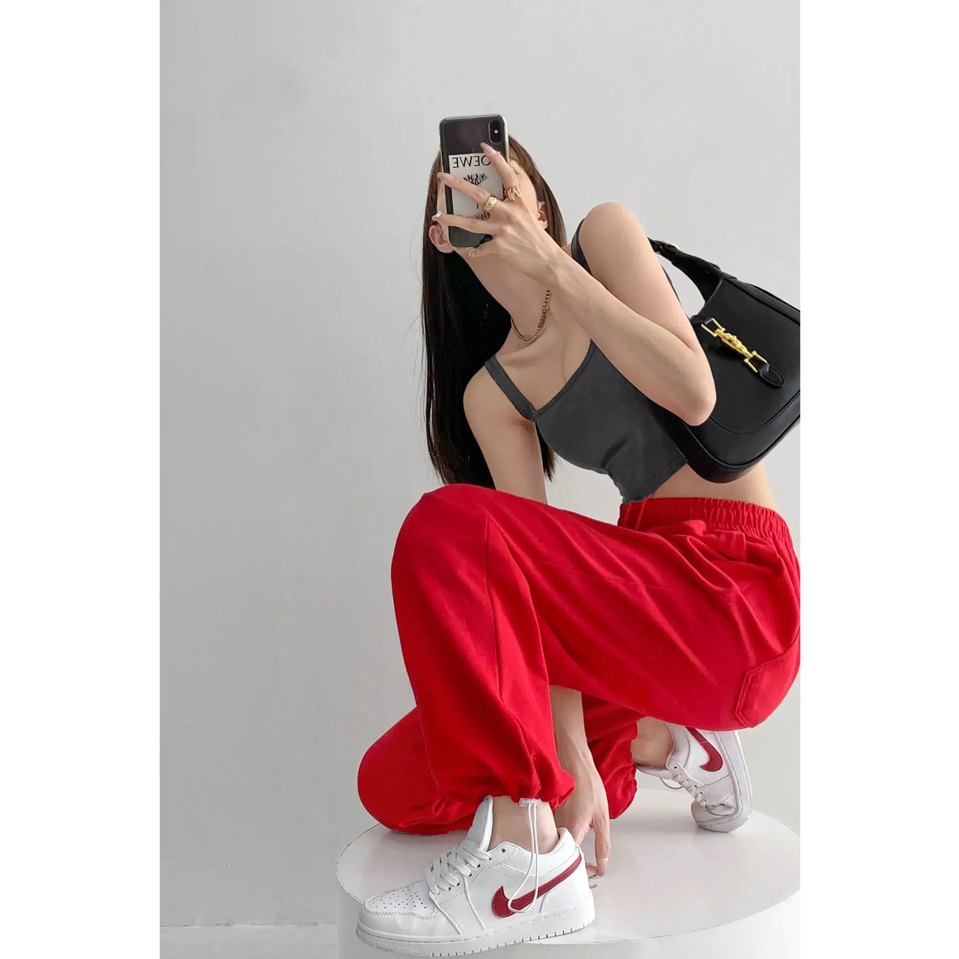 Women Red Loose Sports Pants Summer Slimming Sweatpants - Image 14
