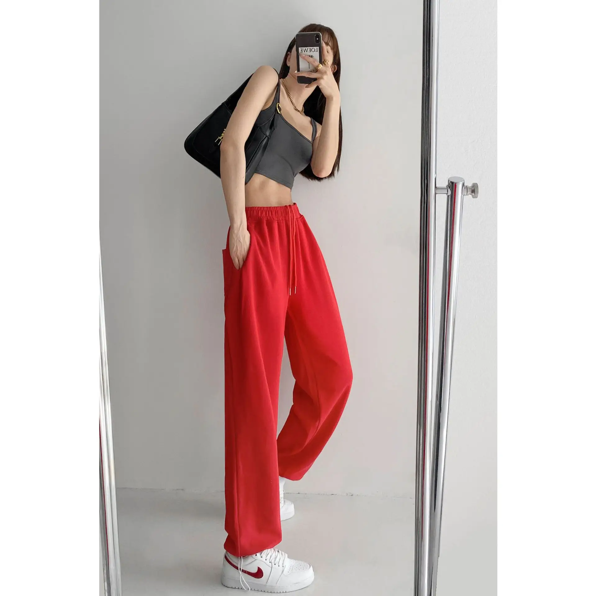 Women Red Loose Sports Pants Summer Slimming Sweatpants - Image 15