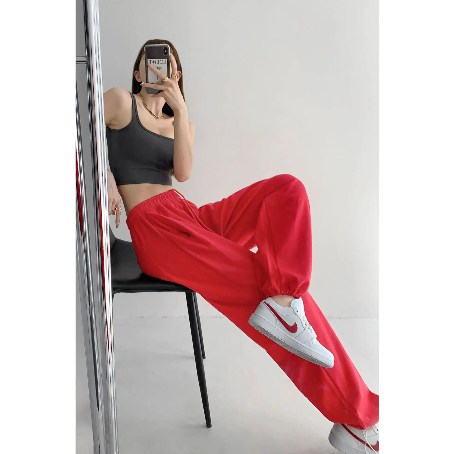 Women Red Loose Sports Pants Summer Slimming Sweatpants - Image 17