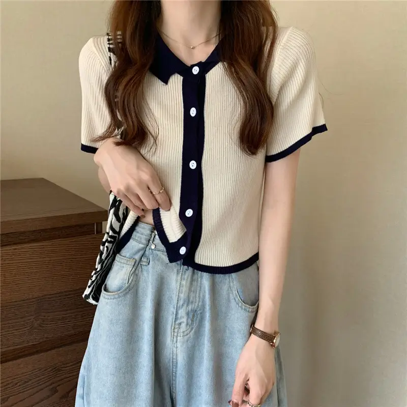 Women Ice Silk Knitted Polo Collar Top Yellow Black - Image 2