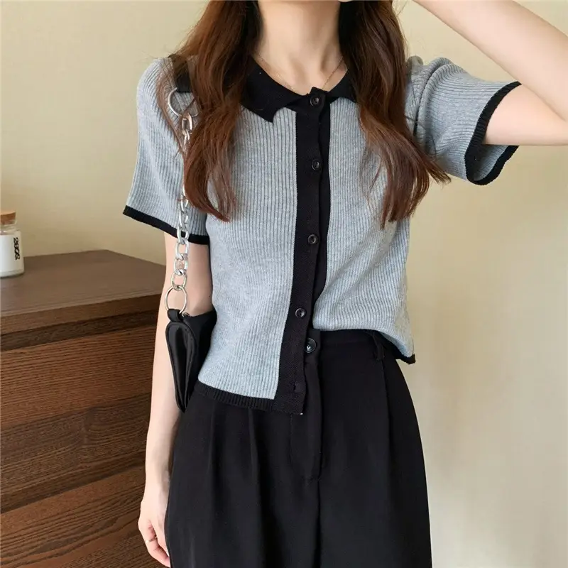 Women Ice Silk Knitted Polo Collar Top Yellow Black - Image 5