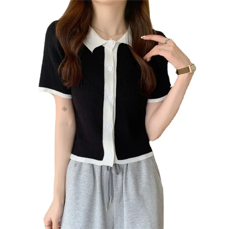Women Ice Silk Knitted Polo Collar Top Yellow Black - Image 7