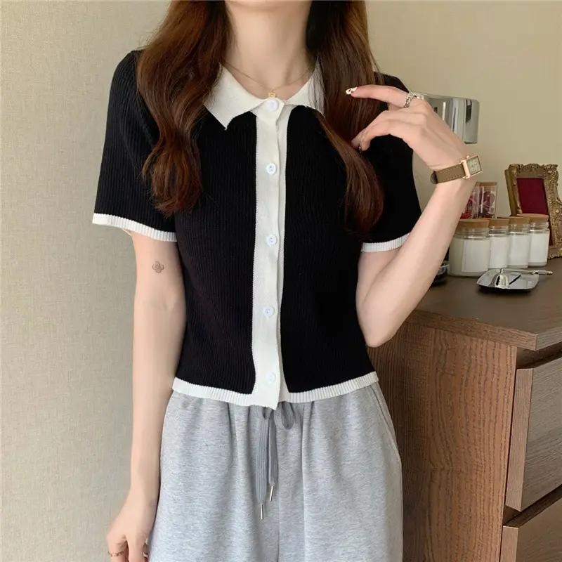 Women Ice Silk Knitted Polo Collar Top Yellow Black - Image 3