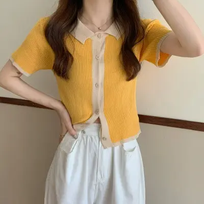 Women Ice Silk Knitted Polo Collar Top Yellow Black - Image 4