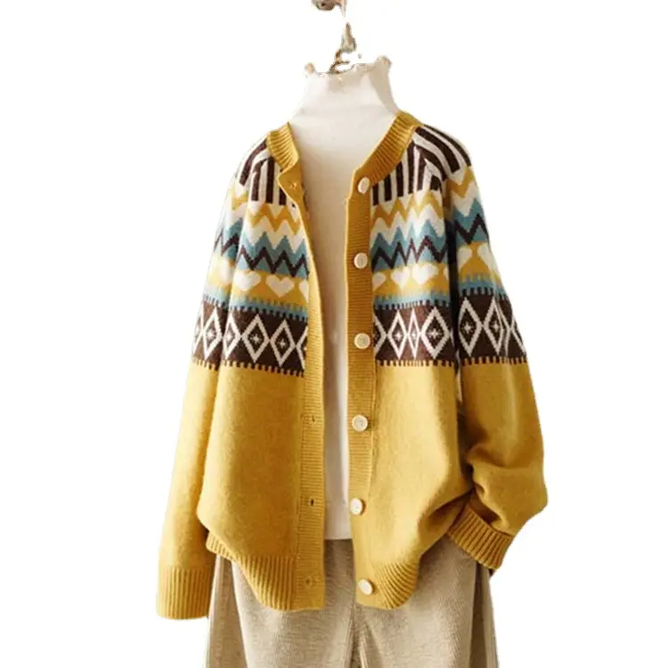Vintage Jacquard Crewneck Sweater Women's Cardigan 2022 Spring Autumn New Loose Ethnic Style Sweater Coat Women's Top - Image 9