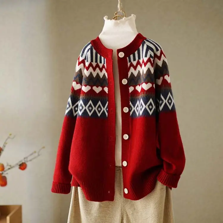 Vintage Jacquard Crewneck Sweater Women's Cardigan 2022 Spring Autumn New Loose Ethnic Style Sweater Coat Women's Top - Image 2