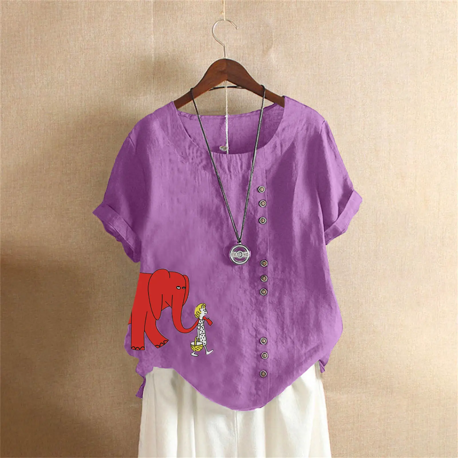 2025 Purple Elephant Print Plus Size T-Shirt