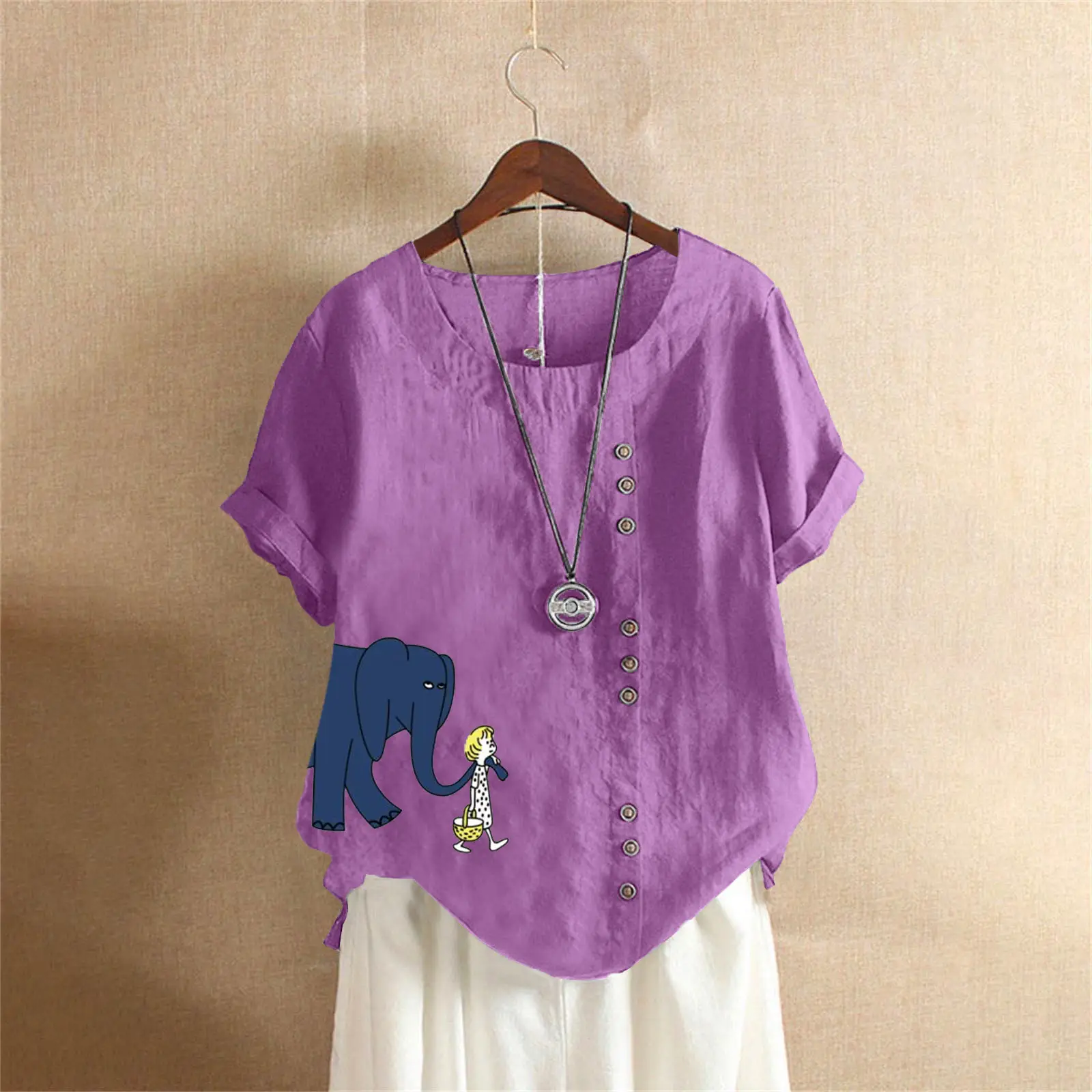 2025 Purple Elephant Print Plus Size T-Shirt