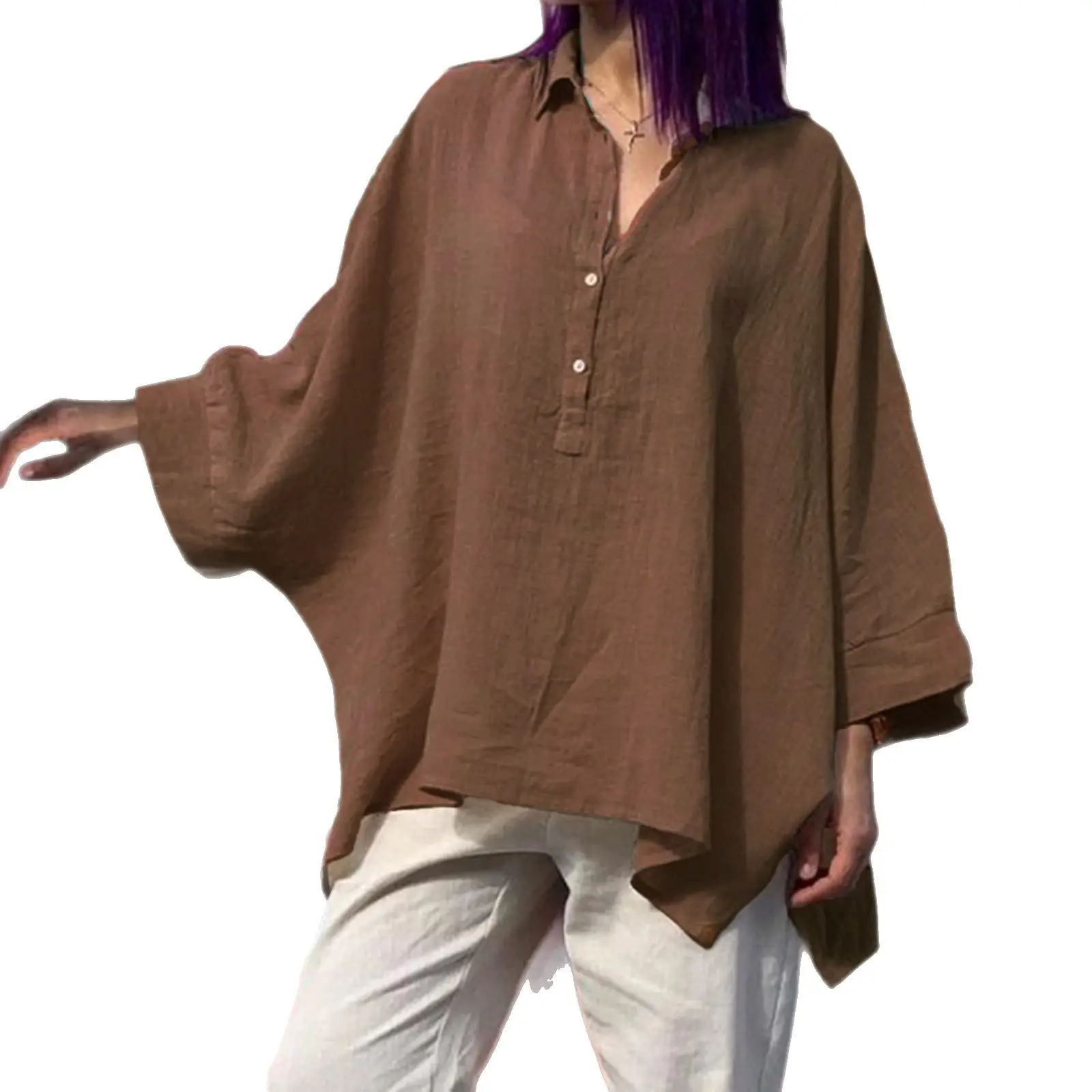 Women's Loose Cotton Linen Top with Floral Embroidery Brown Large