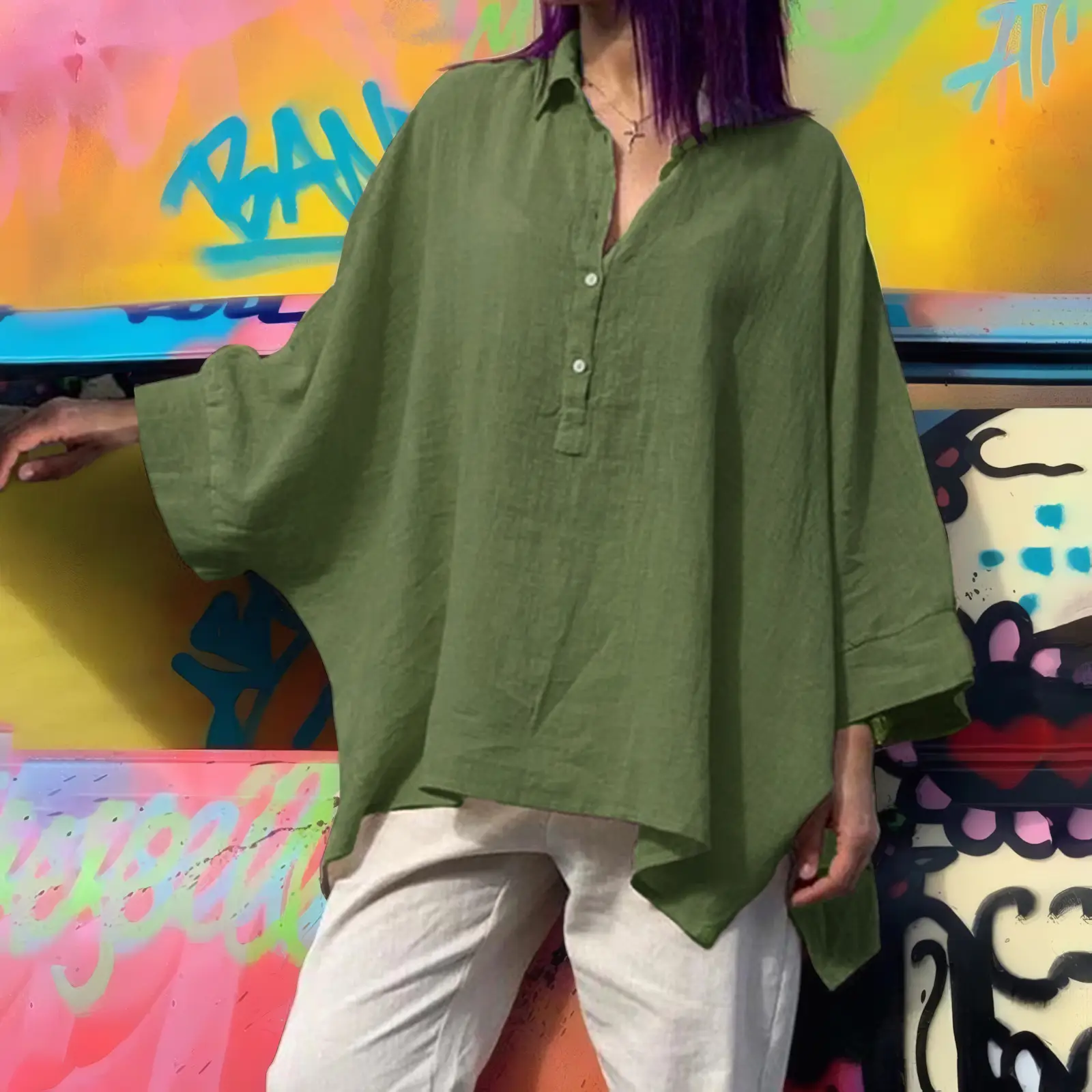 Women's Loose Cotton Linen Top with Floral Embroidery Brown Large — feature 10