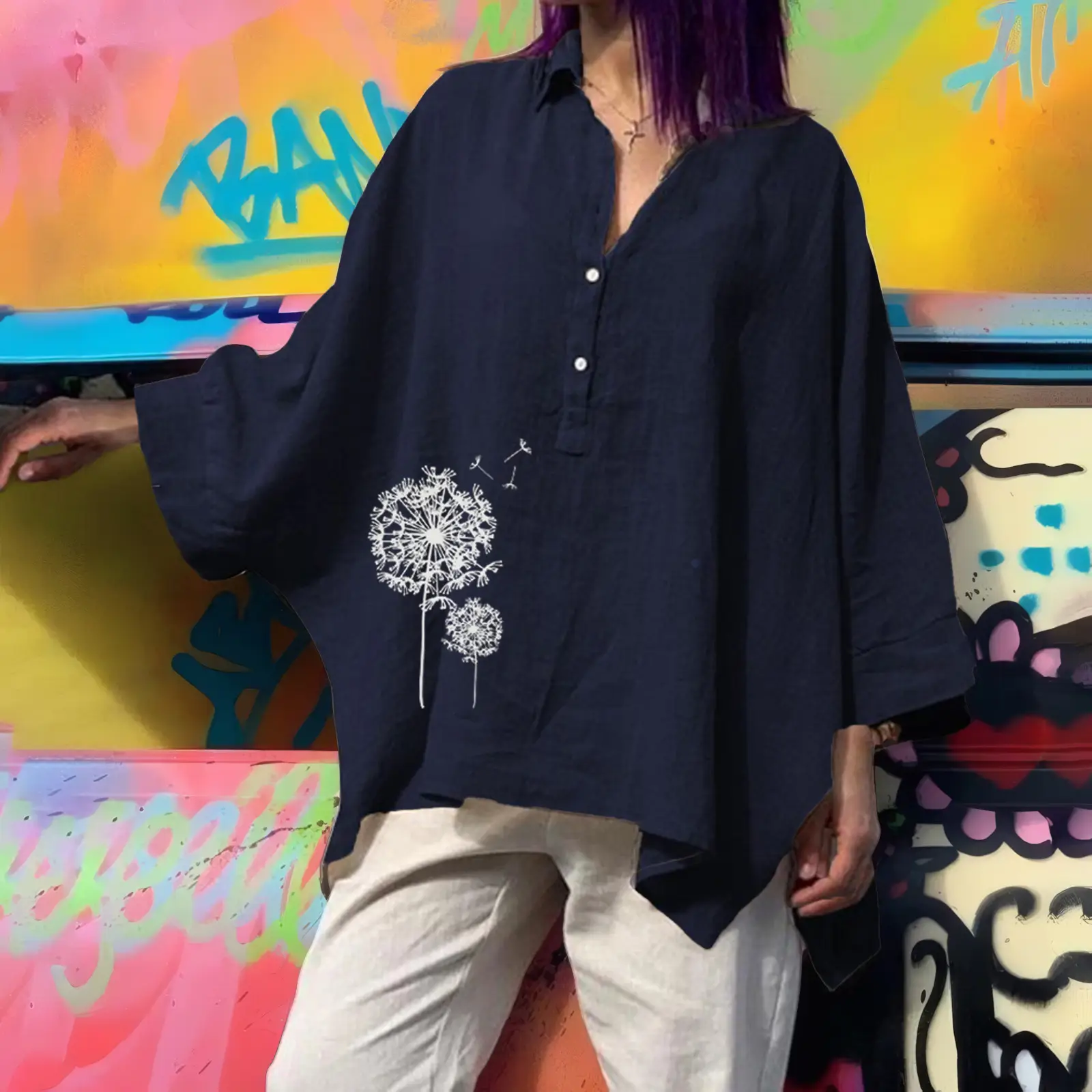 Women's Loose Cotton Linen Top with Floral Embroidery Brown Large — feature 20