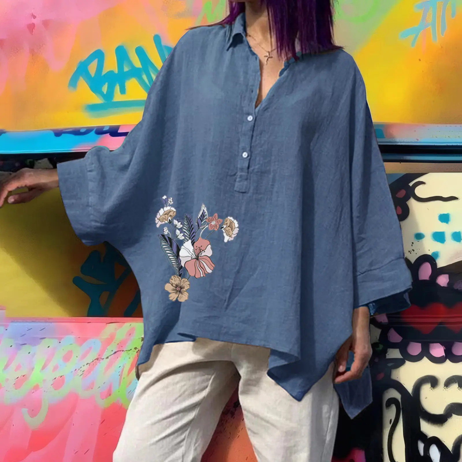 Women's Loose Cotton Linen Top with Floral Embroidery Brown Large — feature 25