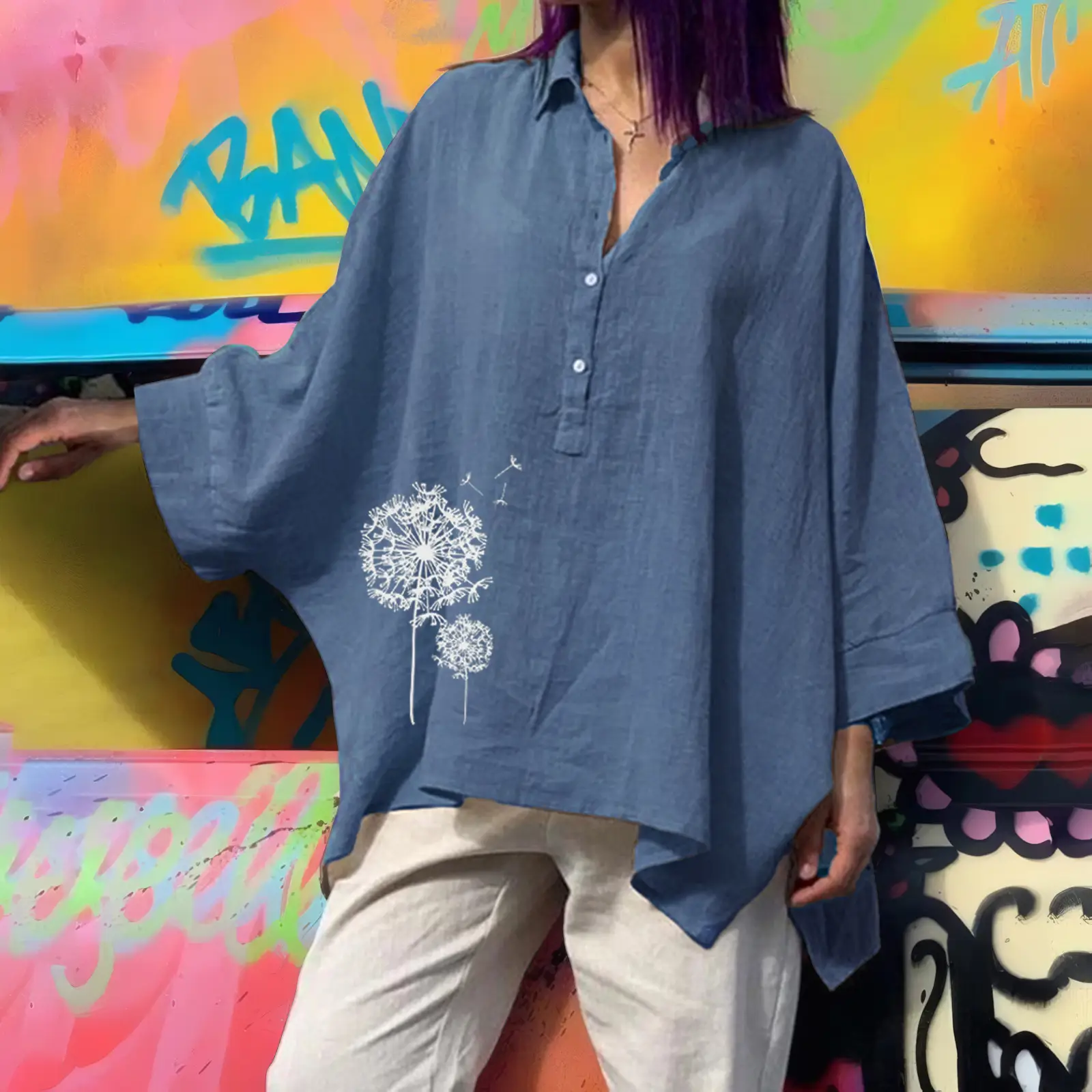 Women's Loose Cotton Linen Top with Floral Embroidery Brown Large — feature 28