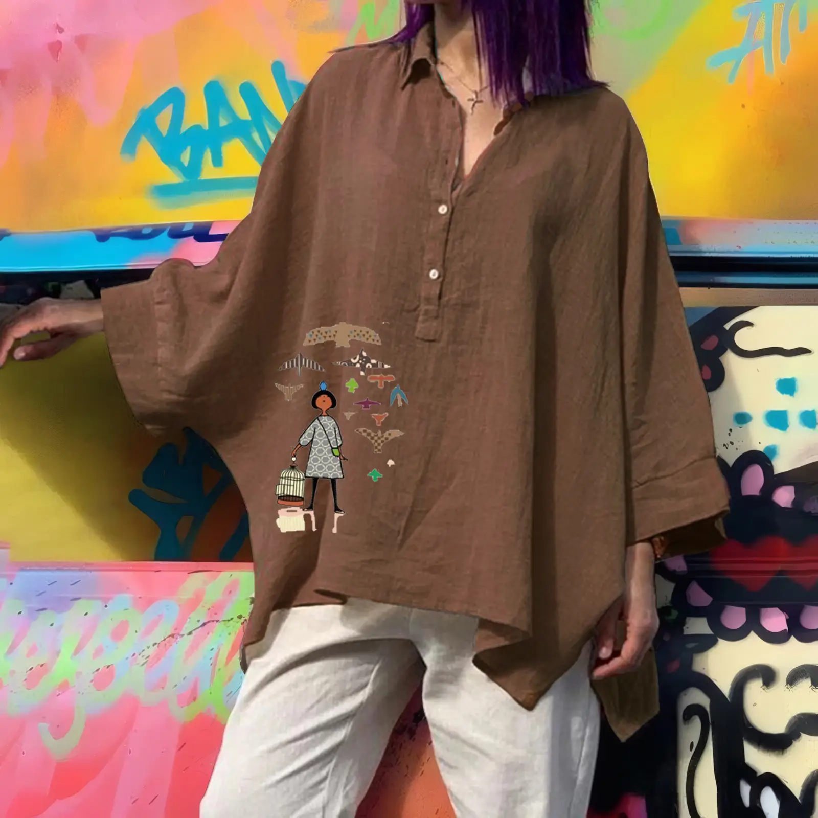 Women's Loose Cotton Linen Top with Floral Embroidery Brown Large — feature 30