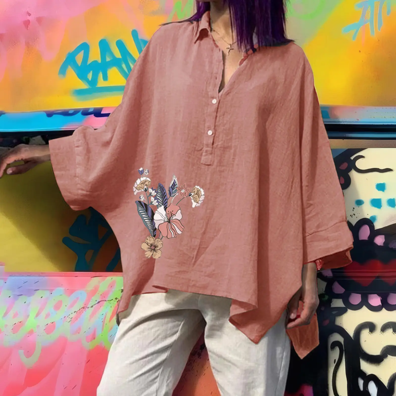 Women's Loose Cotton Linen Top with Floral Embroidery Brown Large — feature 33