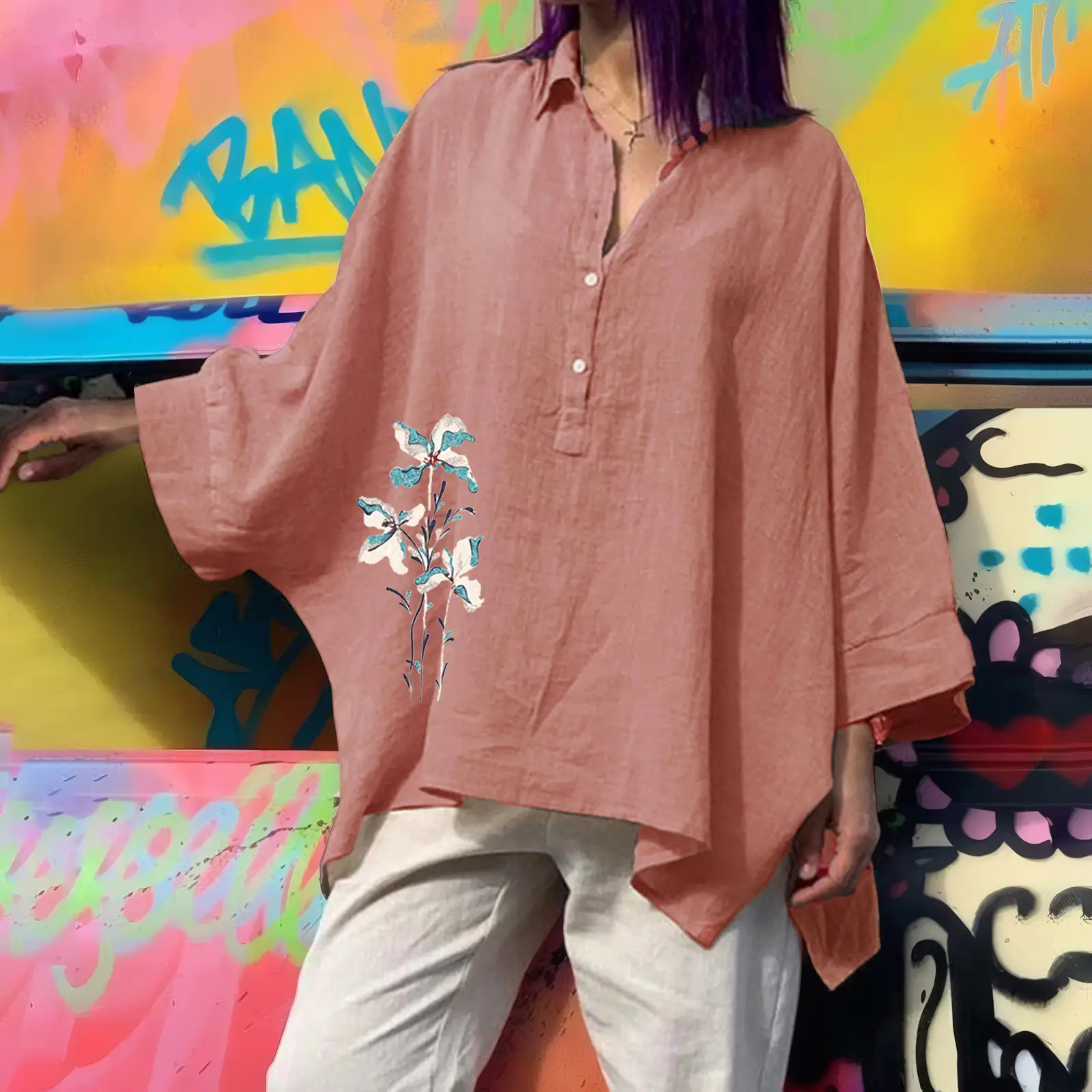Women's Loose Cotton Linen Top with Floral Embroidery Brown Large — feature 35