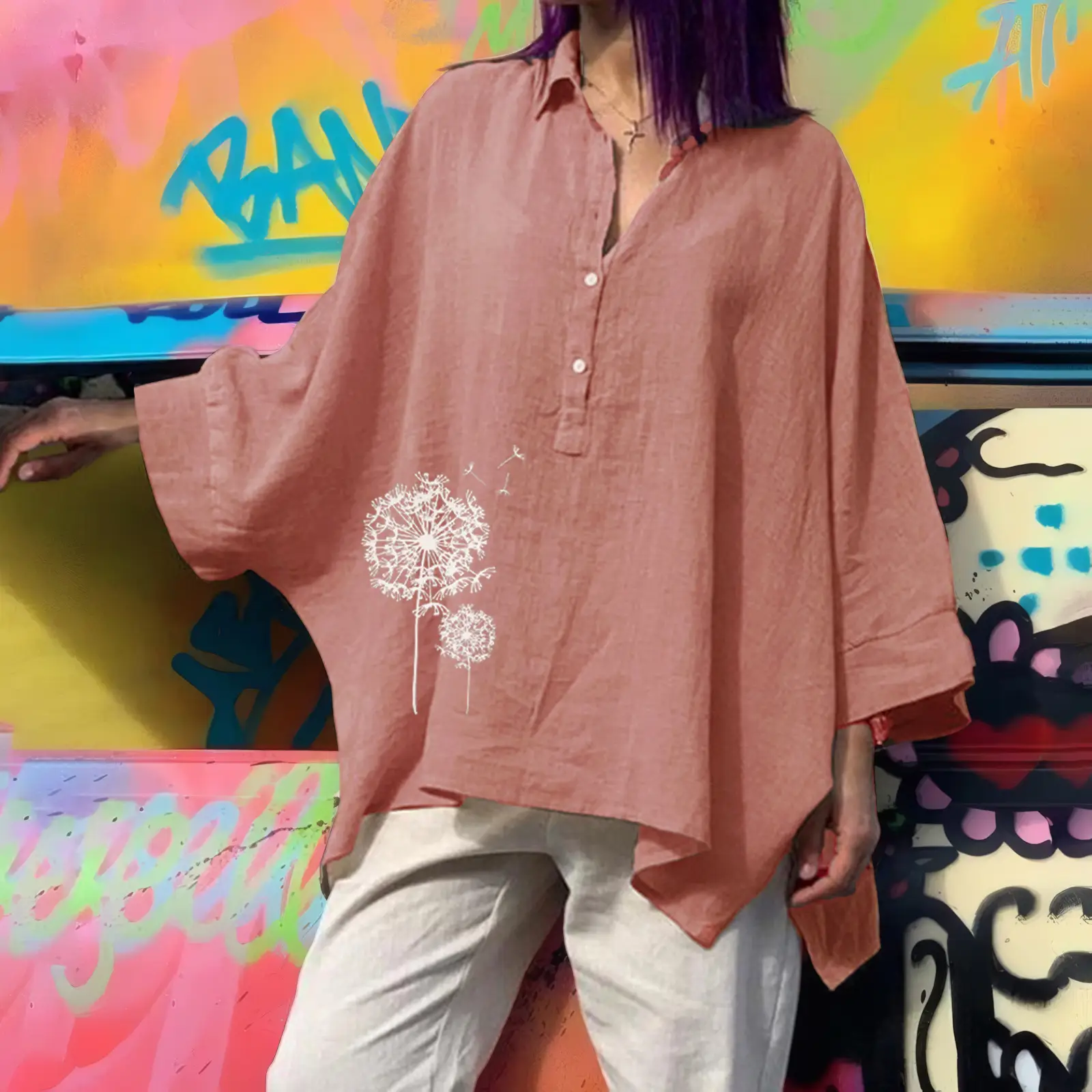 Women's Loose Cotton Linen Top with Floral Embroidery Brown Large — feature 36