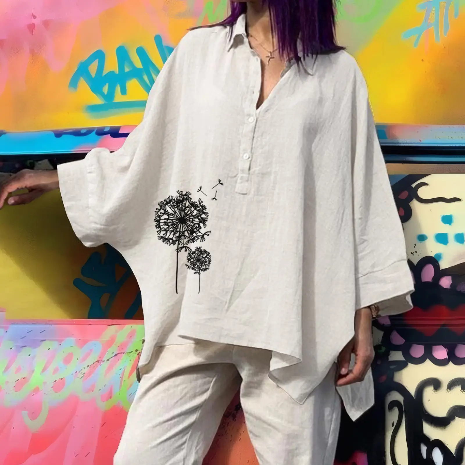 Women's Loose Cotton Linen Top with Floral Embroidery Brown Large