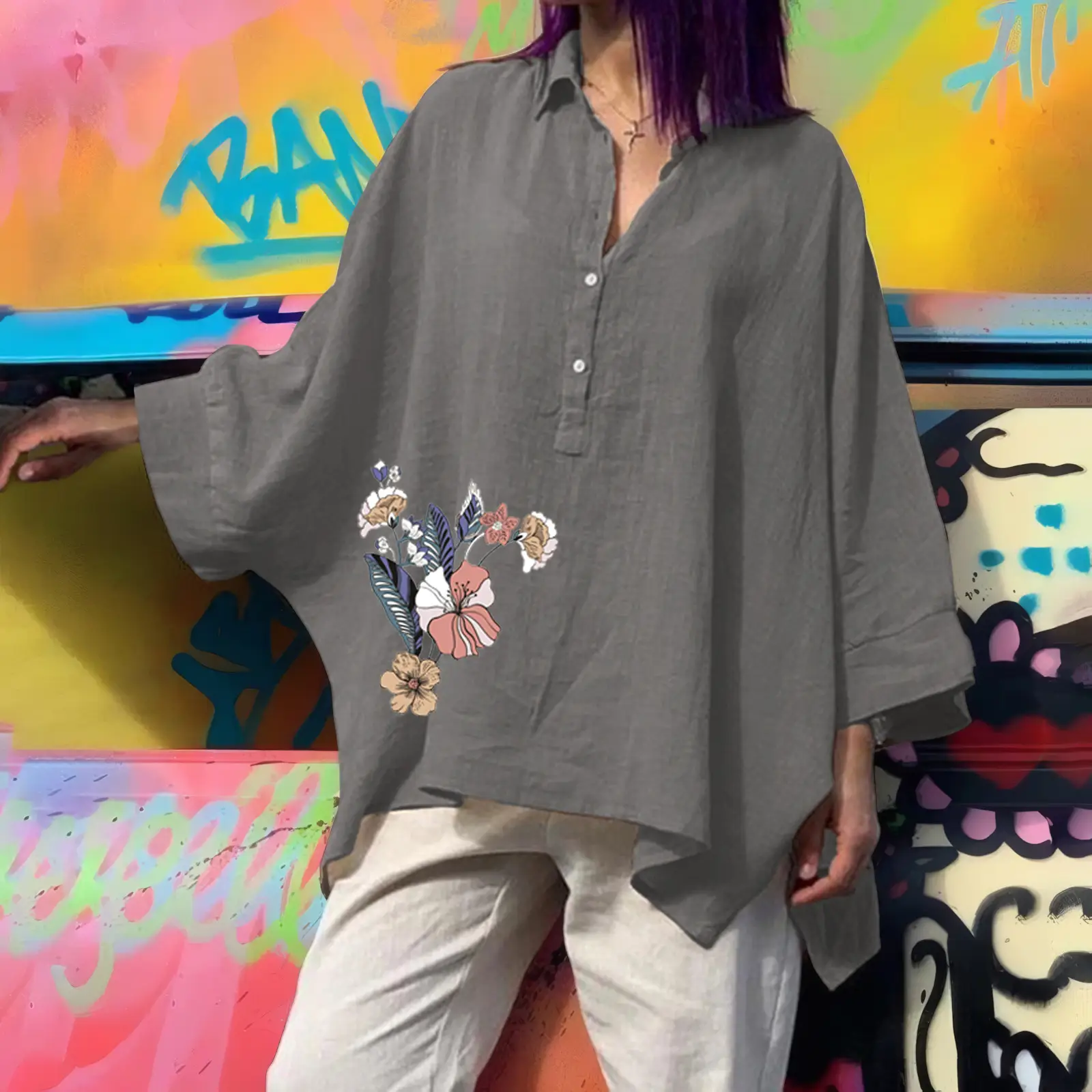 Women's Loose Cotton Linen Top with Floral Embroidery Brown Large