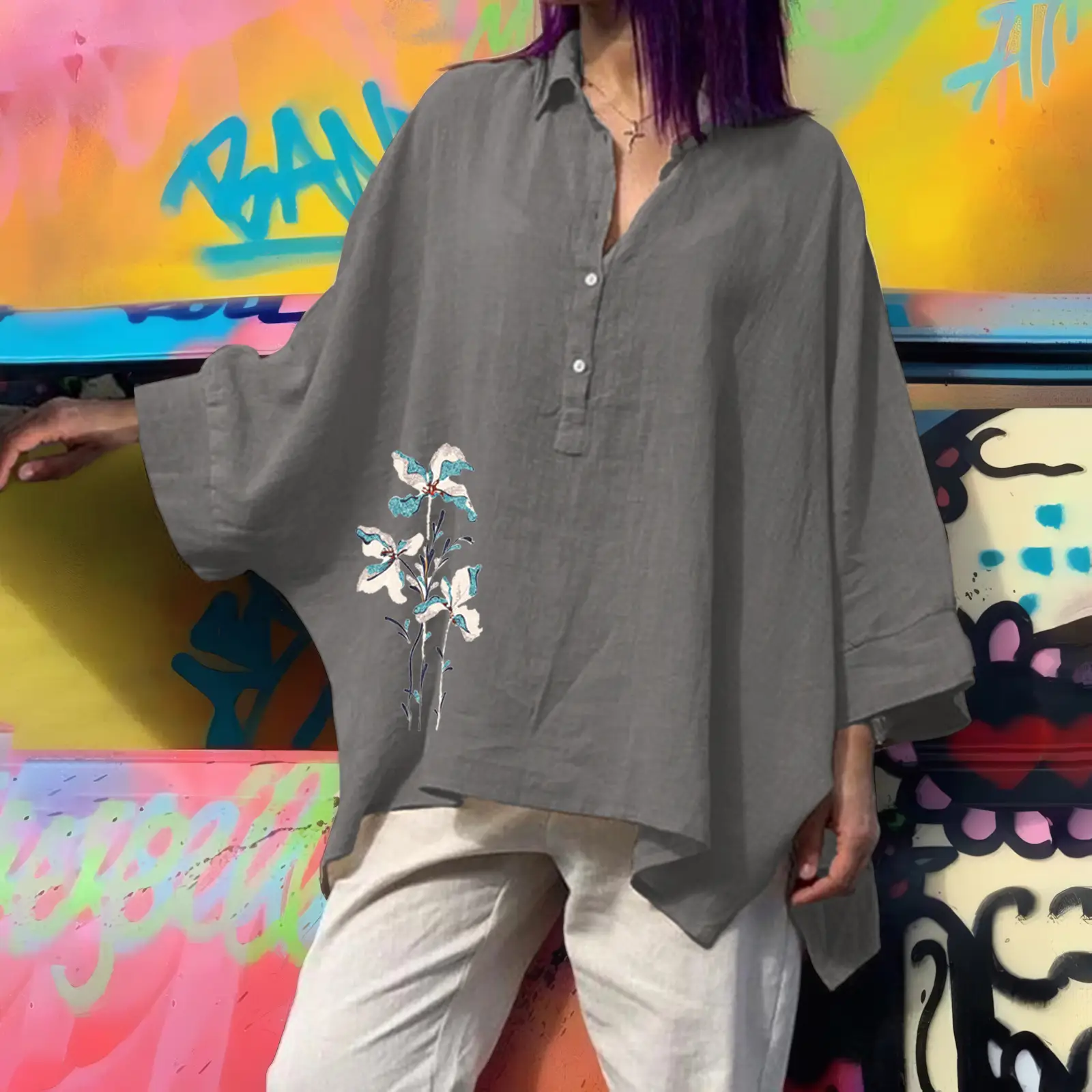 Women's Loose Cotton Linen Top with Floral Embroidery Brown Large
