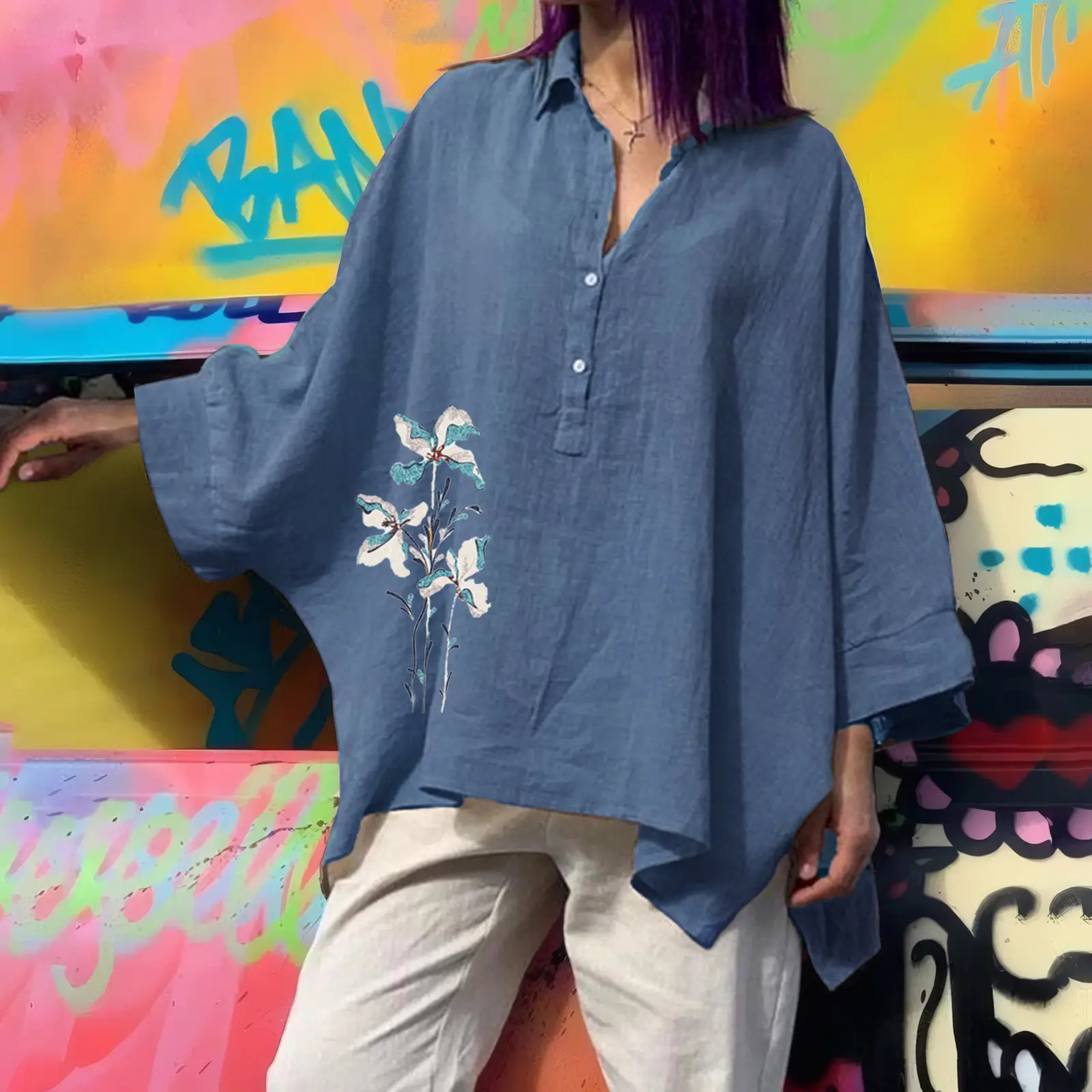 Women's Loose Cotton Linen Top with Floral Embroidery Brown Large