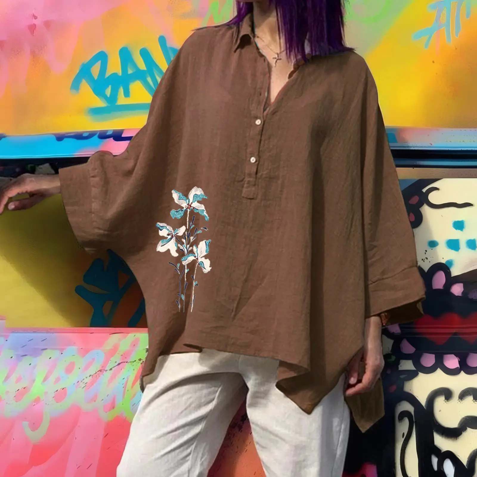 Women's Loose Cotton Linen Top with Floral Embroidery Brown Large