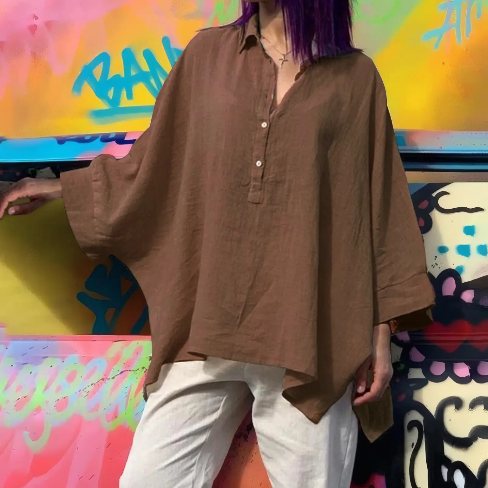 Women's Loose Cotton Linen Top with Floral Embroidery Brown Large