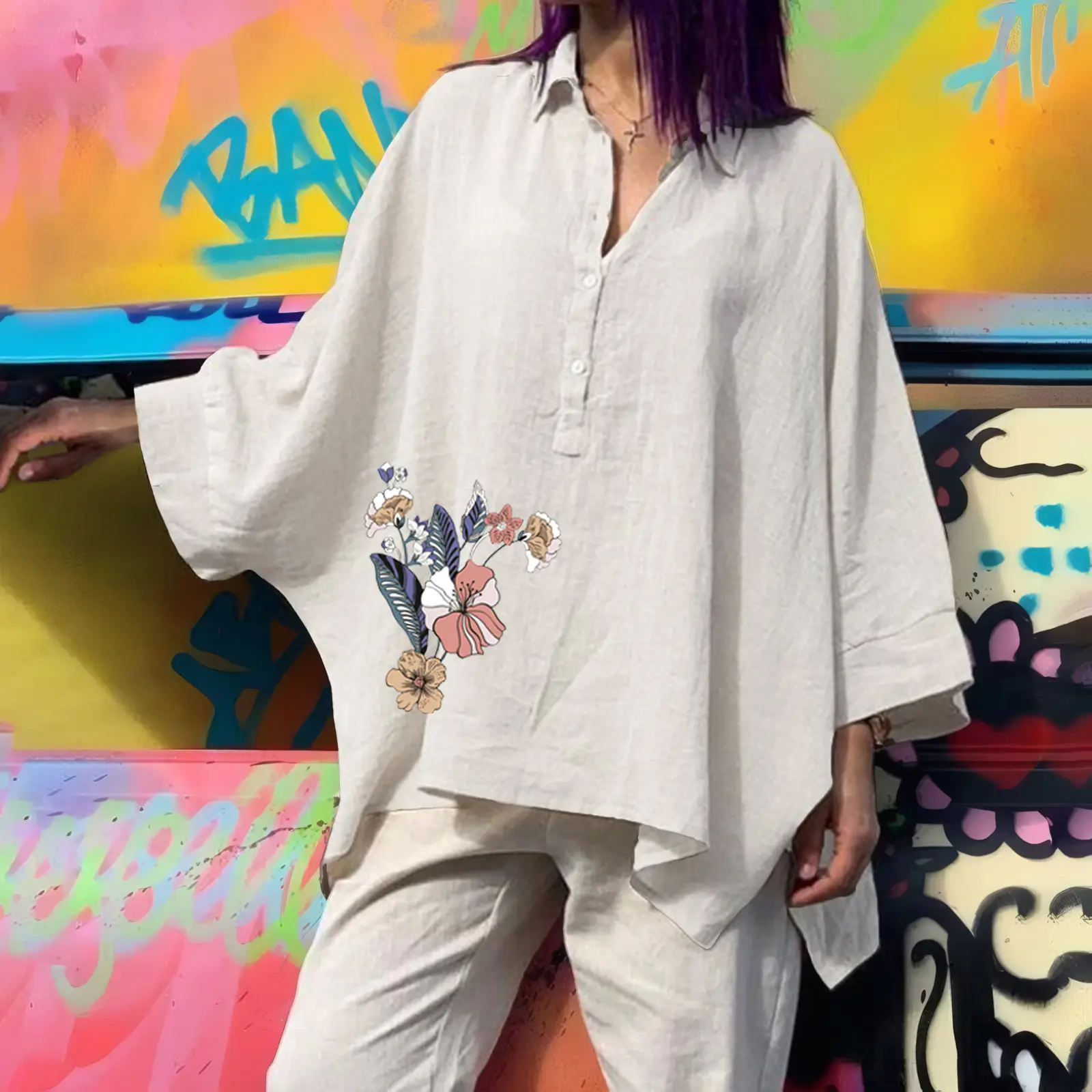 Women's Loose Cotton Linen Top with Floral Embroidery Brown Large