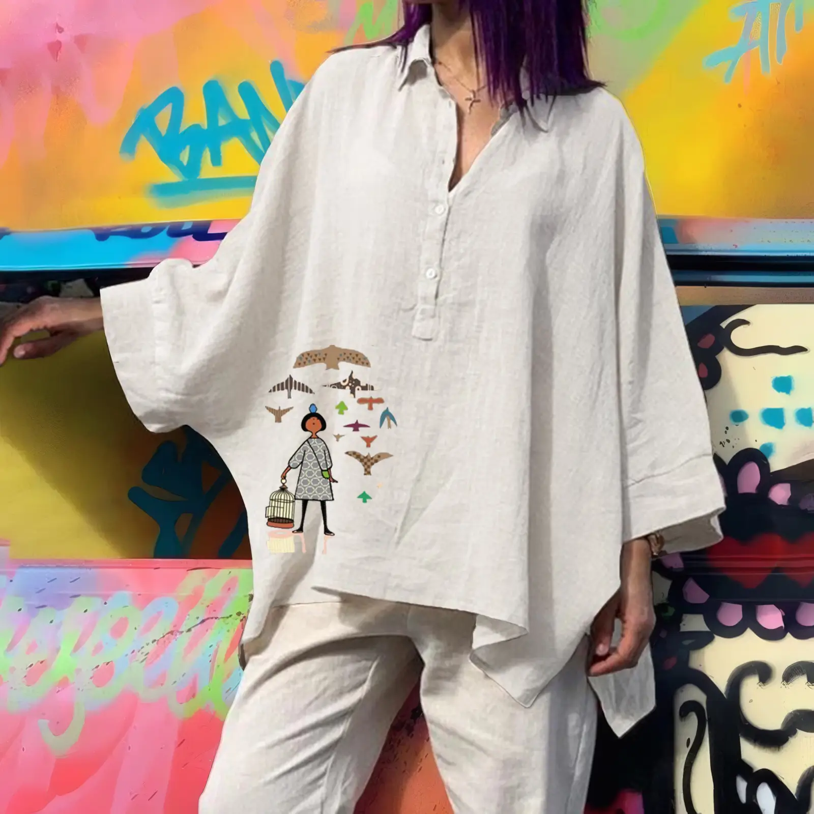 Women's Loose Cotton Linen Top with Floral Embroidery Brown Large