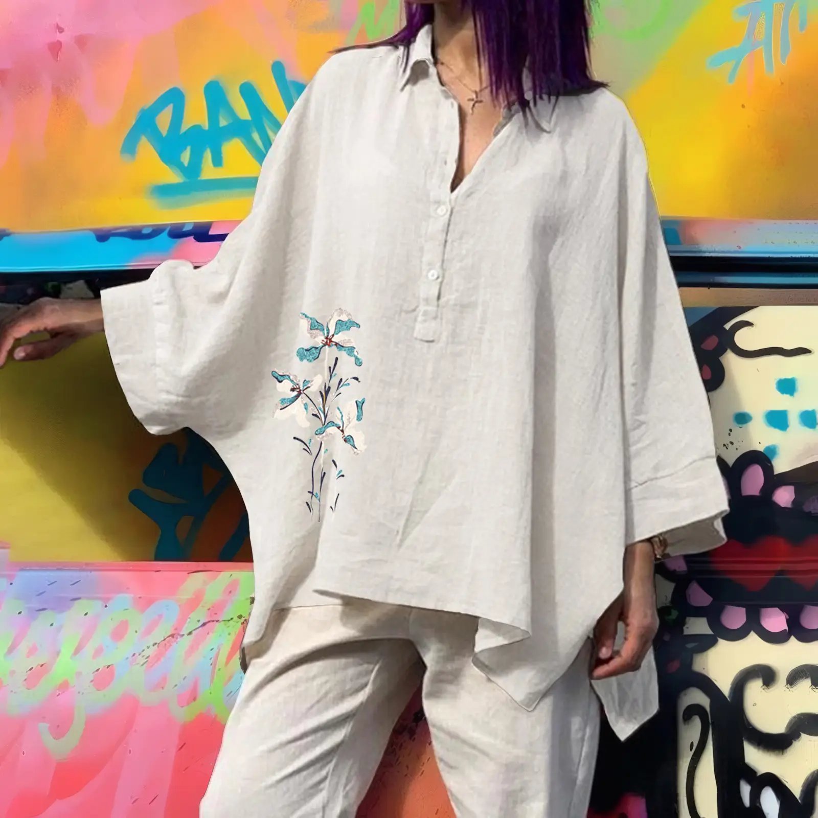 Women's Loose Cotton Linen Top with Floral Embroidery Brown Large